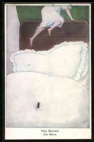 AK Kleine Maus verscheucht eine Dame aus dem Bett