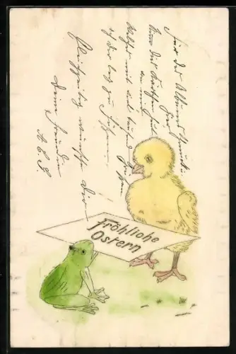 AK Osterküken und Frosch, Ostergruss