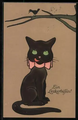 AK Katze und Vogel als Leckerbissen