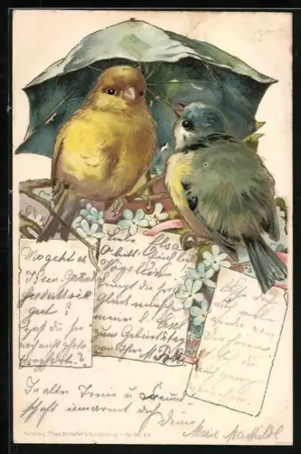 Präge-Lithographie Zwei Vögel unter einem Regenschirm