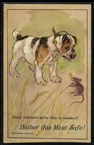 AK Maus mit Ähren und junger Hund mit Maulkorb