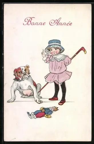 AK Kleines Mädchen mit Boxer, Hockeyschläger, Harlekinpuppe