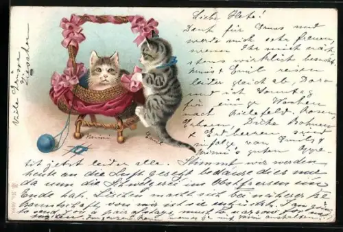 Lithographie Zwei kleine Katzen mit einer Wiege, Wollknäuel