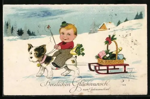 Künstler-AK Knabe auf Hund mit Schlitten - Neujahrsgruss