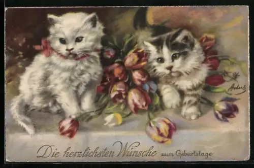 Künstler-AK Katzenkinder und Tulpen
