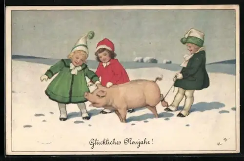 AK Kinder mit Zipfelmützen und Schwein im Schnee, Neujahrsgruss
