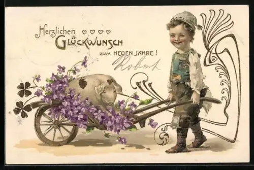 AK Junge schiebt ein Glücksschwein und Veilchen in einer Heukarre