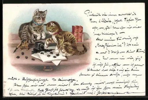 Lithographie Katzen verschmieren den Inhalt eines Tintenfasses auf einem Schreibtisch