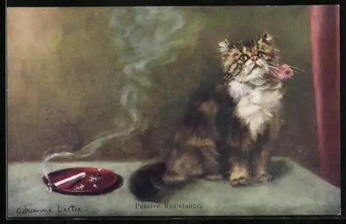 AK Katze neben Aschenbecher mit glimmender Zigarette