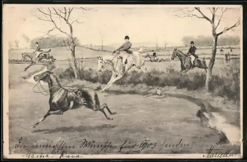 AK Springreiter am Wassergraben, Abgeworfener Reiter u. davonlaufendes Pferd