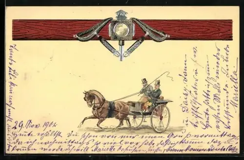 Präge-Lithographie Zwei Herren mit Zylindern in einer Pferdekutsche, Emblem