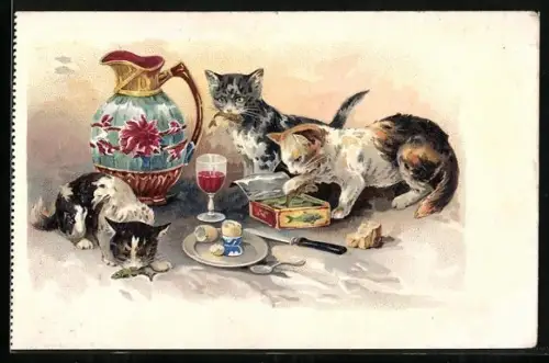 AK Drei Katzen machen sich über eine Fischkonserve her