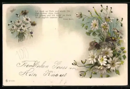 Glitzer-Perl-AK Bienen und weisse Blüten