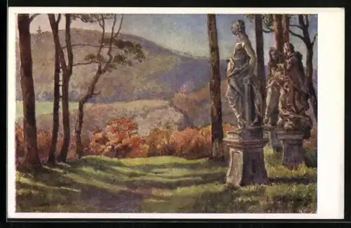 Künstler-AK E.F. Hofecker: Hermannskogel, Ortspartie mit Statuen