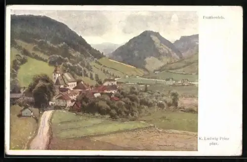 Künstler-AK Karl Ludwig Prinz: Frankenfels, Ortsansicht mit Bergen