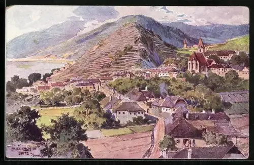 Künstler-AK Fritz Lach: Spitz a. Donau, Teilansicht