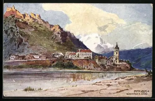 Künstler-AK Fritz Lach: Dürnstein a. Donau, Teilansicht mit Blick zur Kirche