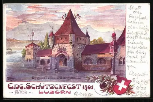 Künstler-AK Luzern, Eidg. Schützenfest 1901, Empfangspavillon und Gabenhallen, Stadtwappen