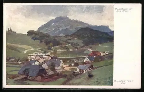 Künstler-AK Karl Ludwig Prinz: Wienerbruck, Ortsansicht mit dem Ötscher