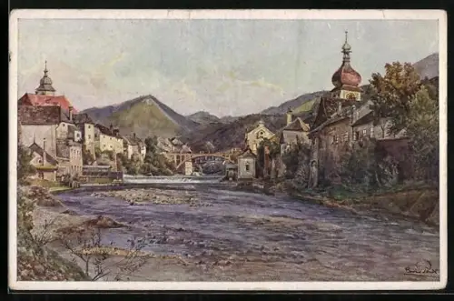 Künstler-AK Erwin Pendl: Waidhofen, Blick gegen Hohe Brücke