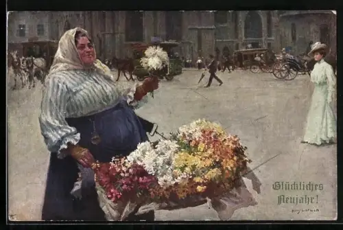 Künstler-AK Hans Larwin: Blumenverkäuferin auf der Strasse, Neujahrsgruss