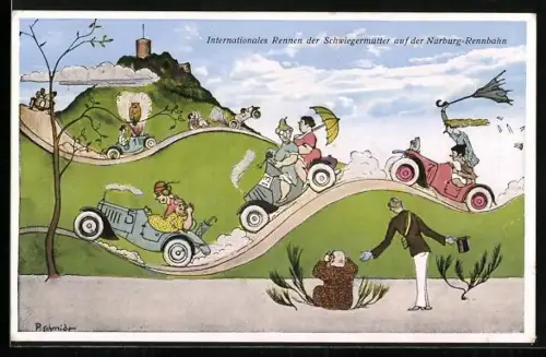 Künstler-AK Nürburg-Rennbahn, Internationales Rennen der Schwiegermütter