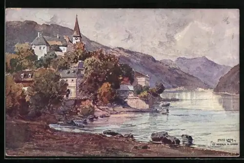 Künstler-AK Fritz Lach: St. Nikola a. d. Donau, Teilansicht vom Donauufer