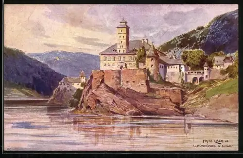 Künstler-AK Fritz Lach: Schönbühel an der Donau, Ort vom Fluss aus gesehen