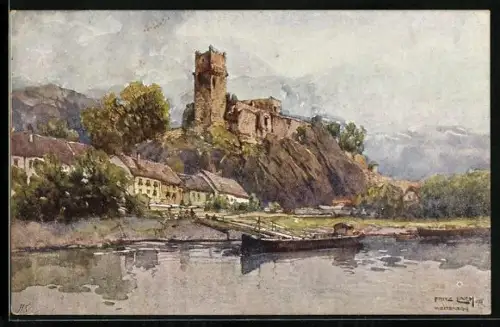 Künstler-AK Fritz Lach: Weitenegg an der Donau, Uferpartie mit Burgruine