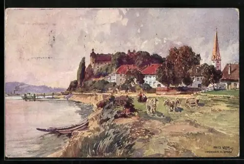 Künstler-AK Fritz Lach: Ottensheim a. d. Donau, Teilansicht am Fluss mit Kühen auf der Weider