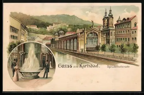 Lithographie Karlsbad, Sprudelcolonade am Marktplatz