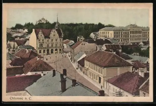 AK Chlumec n. C., Strassenpartie mit Rathaus