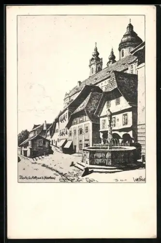 Künstler-AK Ulf Seidl: Melk an der Donau, Motiv an einem Platz in der Ortschaft