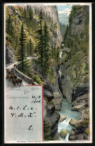 Künstler-AK C. Steinmann: Splügen, Splügenstrasse mit Postkutsche, via Mala