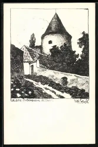 Künstler-AK Ulf Seidl: Krems an der Donau, Blick auf den alten Pulverturm