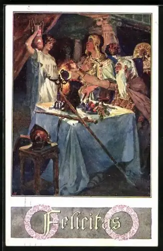 Künstler-AK Felicitas, Frau mit einer Amphore Wein an einem gedeckten Tisch mit zwei Männern