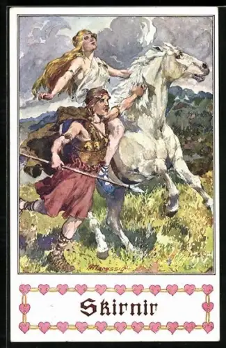 Künstler-AK A. Marussig: Skirnir, Freyr zu Pferde mit ihrem Diener, nordische Mythologie