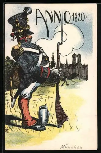 Künstler-AK München, Soldat in Uniform steht Wache, Anno 1820