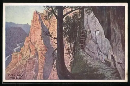 Künstler-AK Bruno Hess: Wasserfallweg, Emesruhe mit Talblick