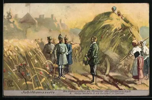 Künstler-AK Thomasmehl, Die Hohenzollern als Förderer der Landwirtschaft, Kaiser Wilhelm II. als Gutsherr in Cadinen