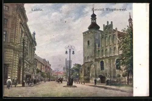 Künstler-AK Lublin, Kosciól Wizytkowski, Strassenpartie