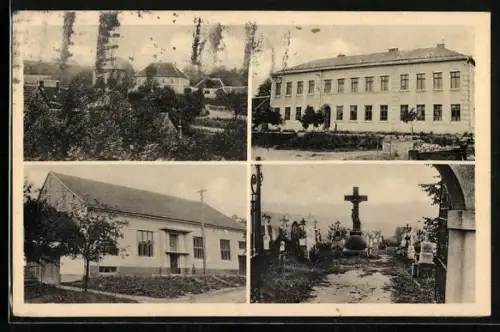 AK Borkovany, Strassenpartie mit Gebäudeansicht, Friedhof, Schule