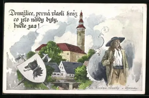 Künstler-AK Domazlic, Teilansicht mit Jan Kozina, Stadt-Wappen