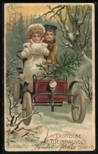 Lithographie Liebespaar im Winterwald mit dem Auto