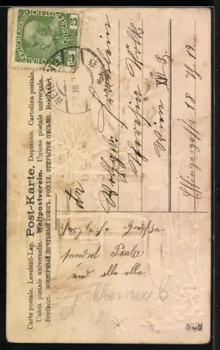 Lithographie Liebespaar im Winterwald mit dem Auto