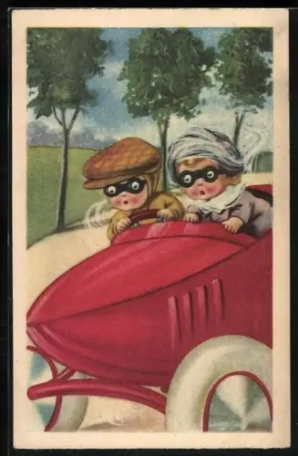 AK Kleines Paar auf Hochzeitsreise im Auto