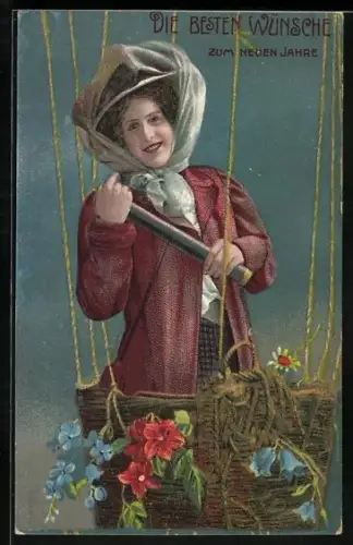 AK Dame in einem Ballon