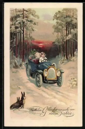 AK Viel Glück im Neuen Jahre, eine Frau fährt mit dem Automobil im Sonnenuntergang durch den Wald
