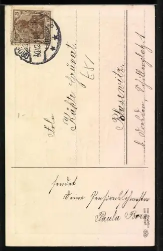 AK Viel Glück im Neuen Jahre, eine Frau fährt mit dem Automobil im Sonnenuntergang durch den Wald