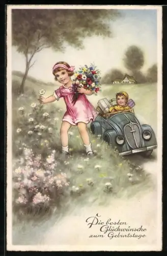 AK Knabe in einem Auto, Mädchen pflückt Blumen